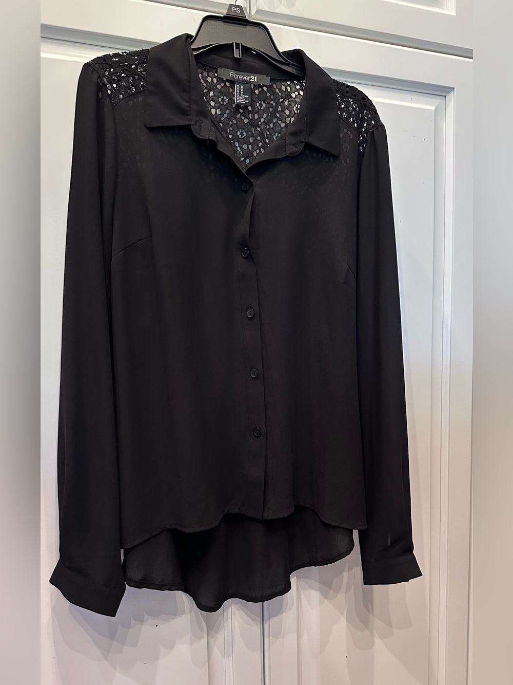 Forever 21 Black Button-Down Blouse with Lace Shoulders